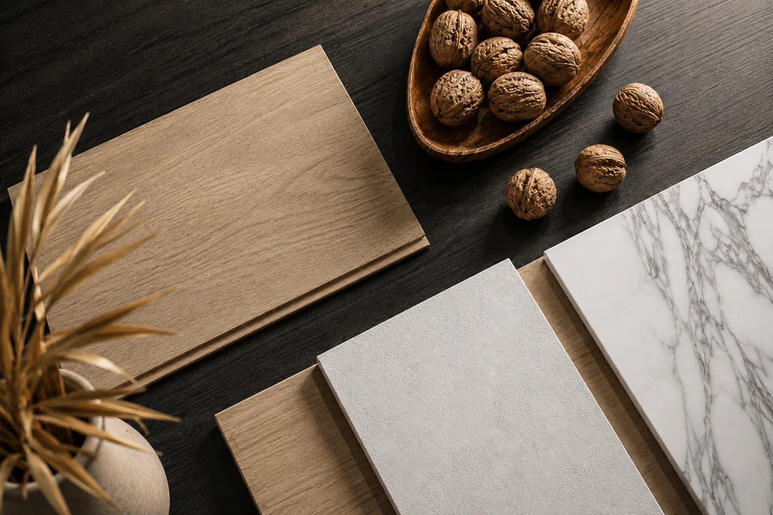 A considered palette of natural wood, stone and textured finishes